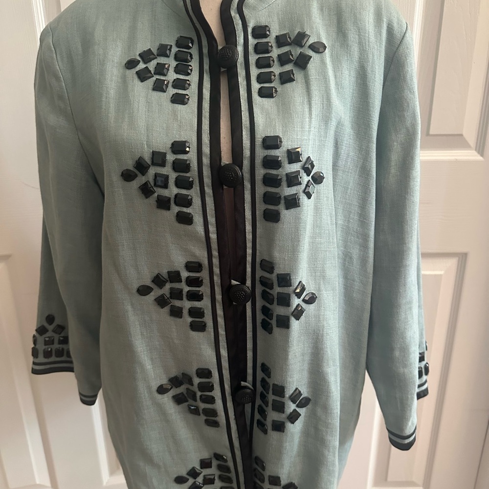 Seafoam Green Women's Linen Jacket with Black Beaded Accents